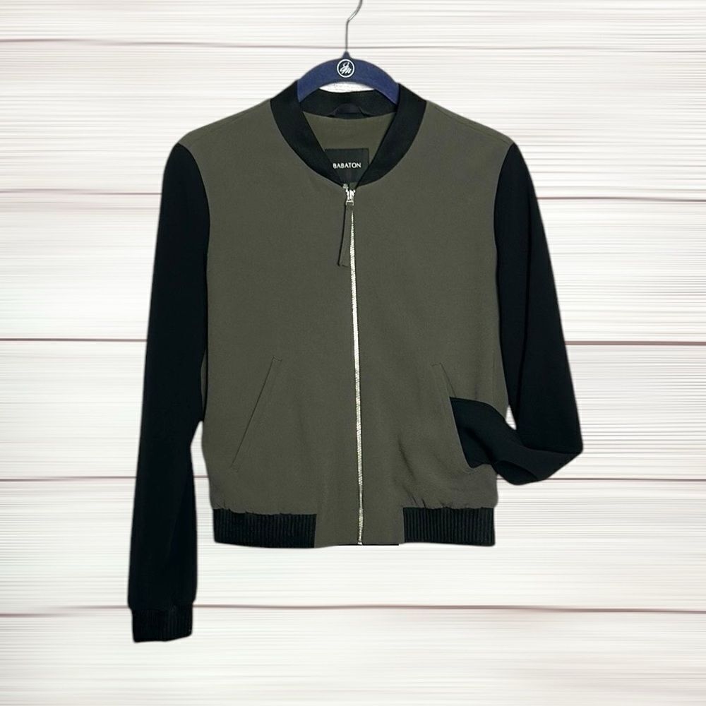 NWOT Babaton Khaki & Black Crepe Lightweight Bomber Jacket Lined Zip Front XXS